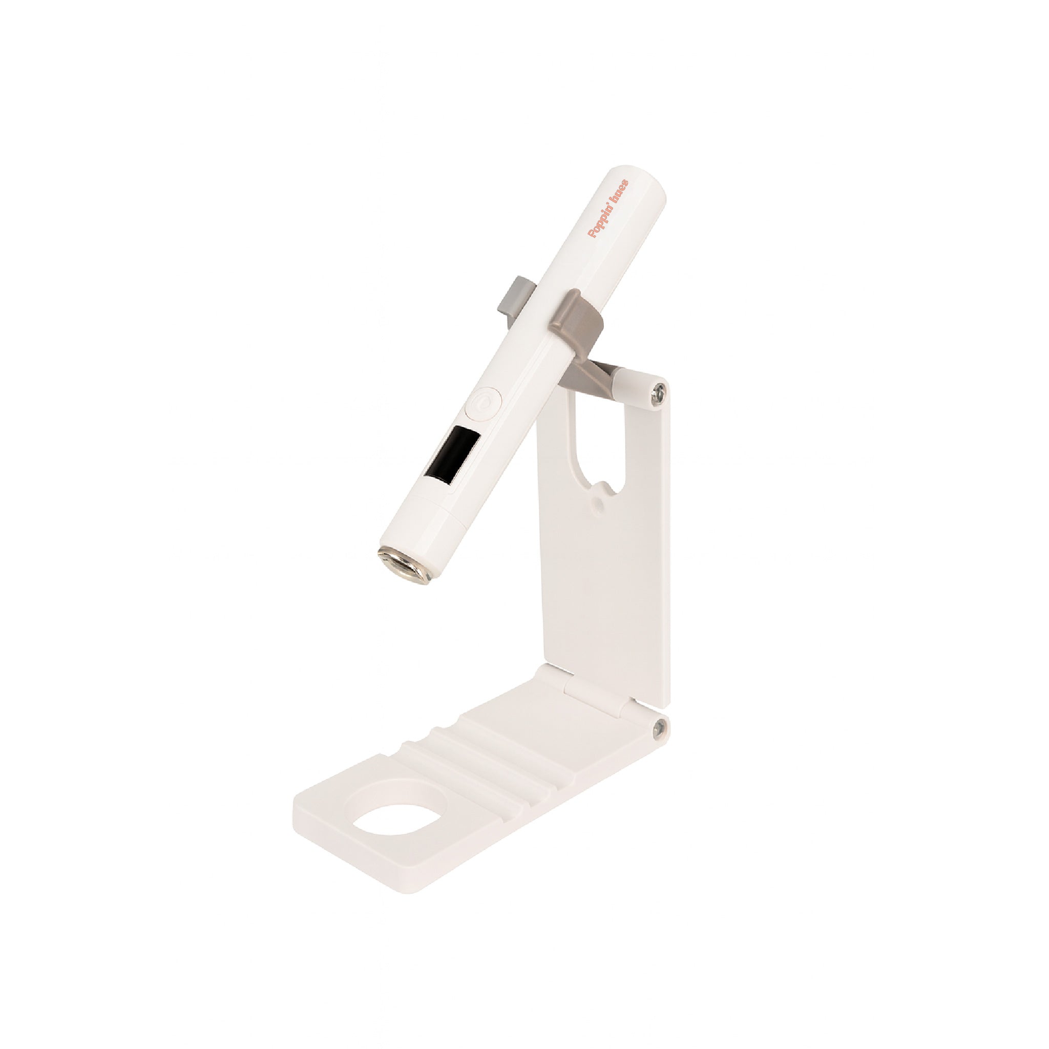 White foldable nail lamp stand holding a handheld nail lamp, displayed on a white background.