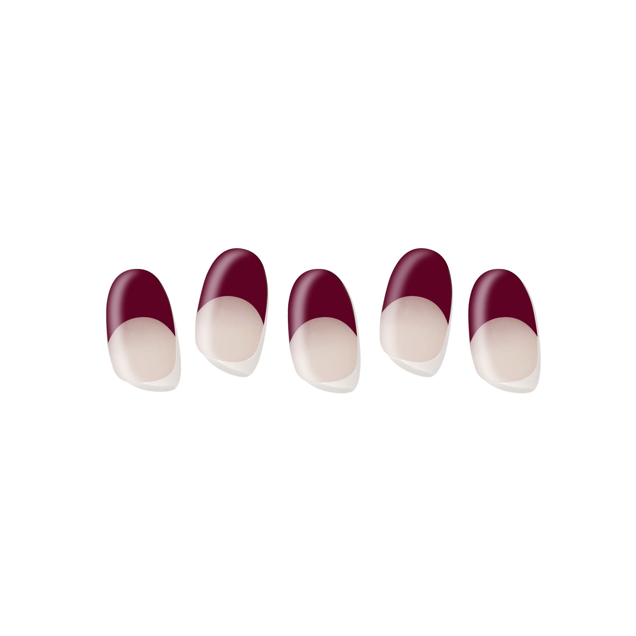 Five semi-cured nail strips with a dark cherry (burgundy) French tips design on a white background.