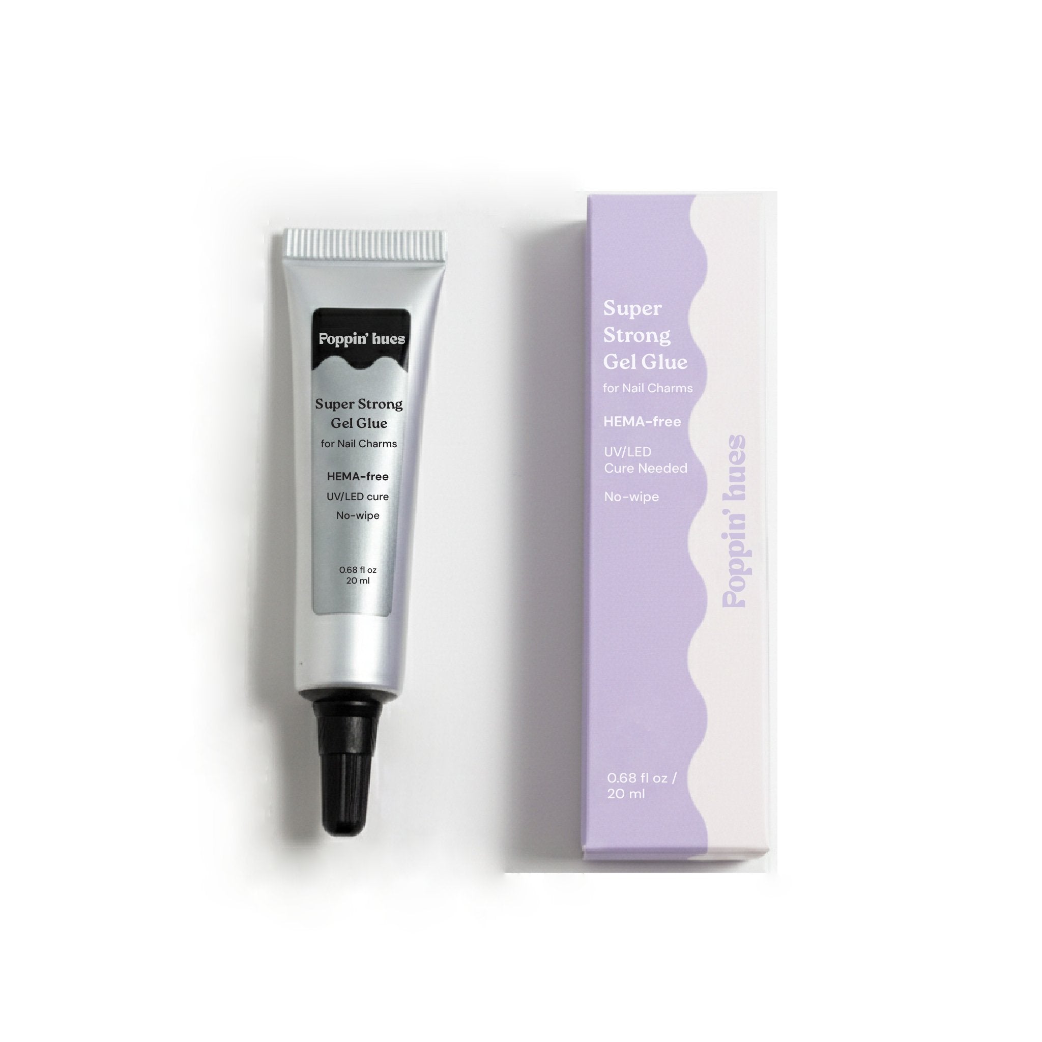 Silver gel glue tube displayed on a white background alongside its Super Strong Gel Glue box.