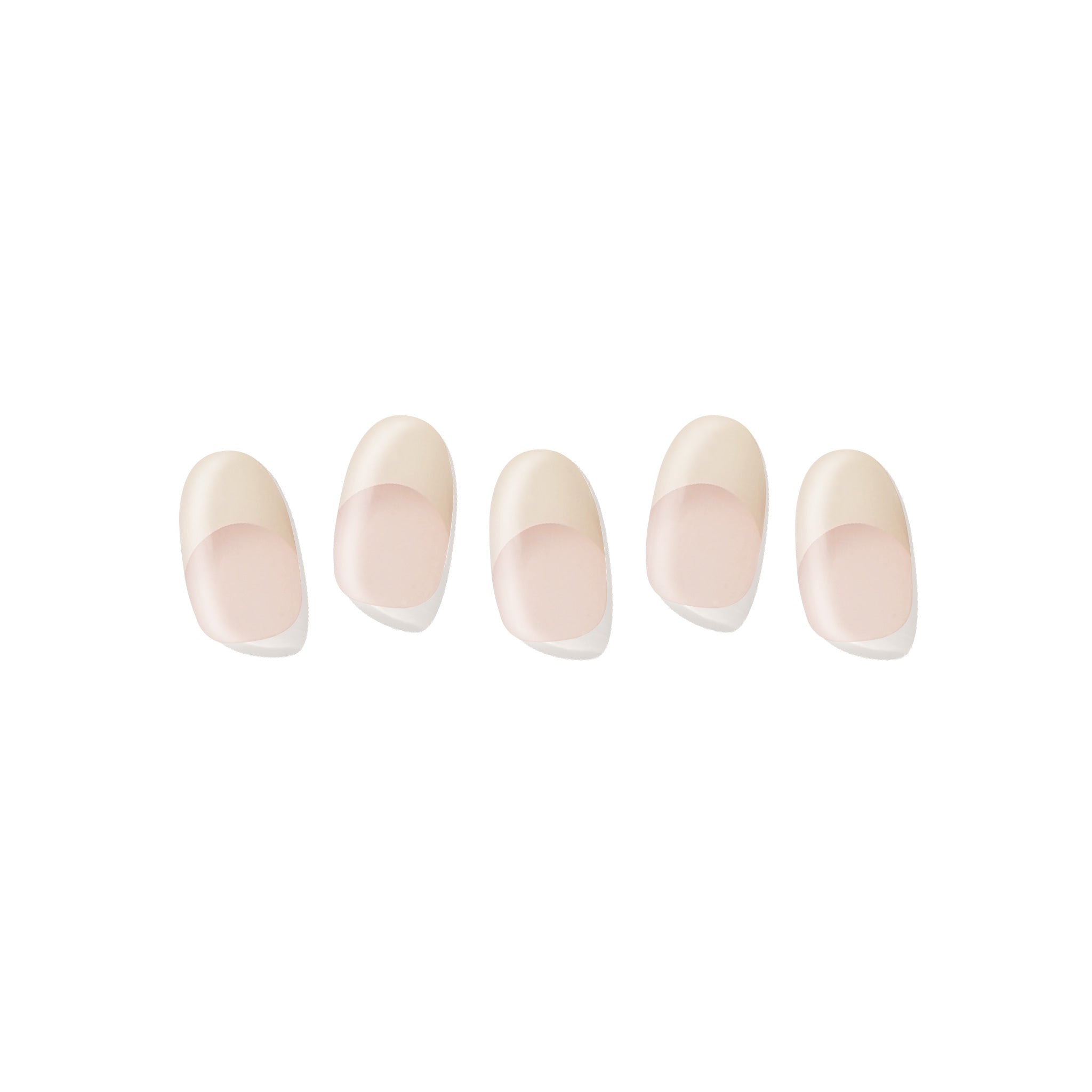 Five semi-cured nail strips with an off-white French tips design on a white background.

