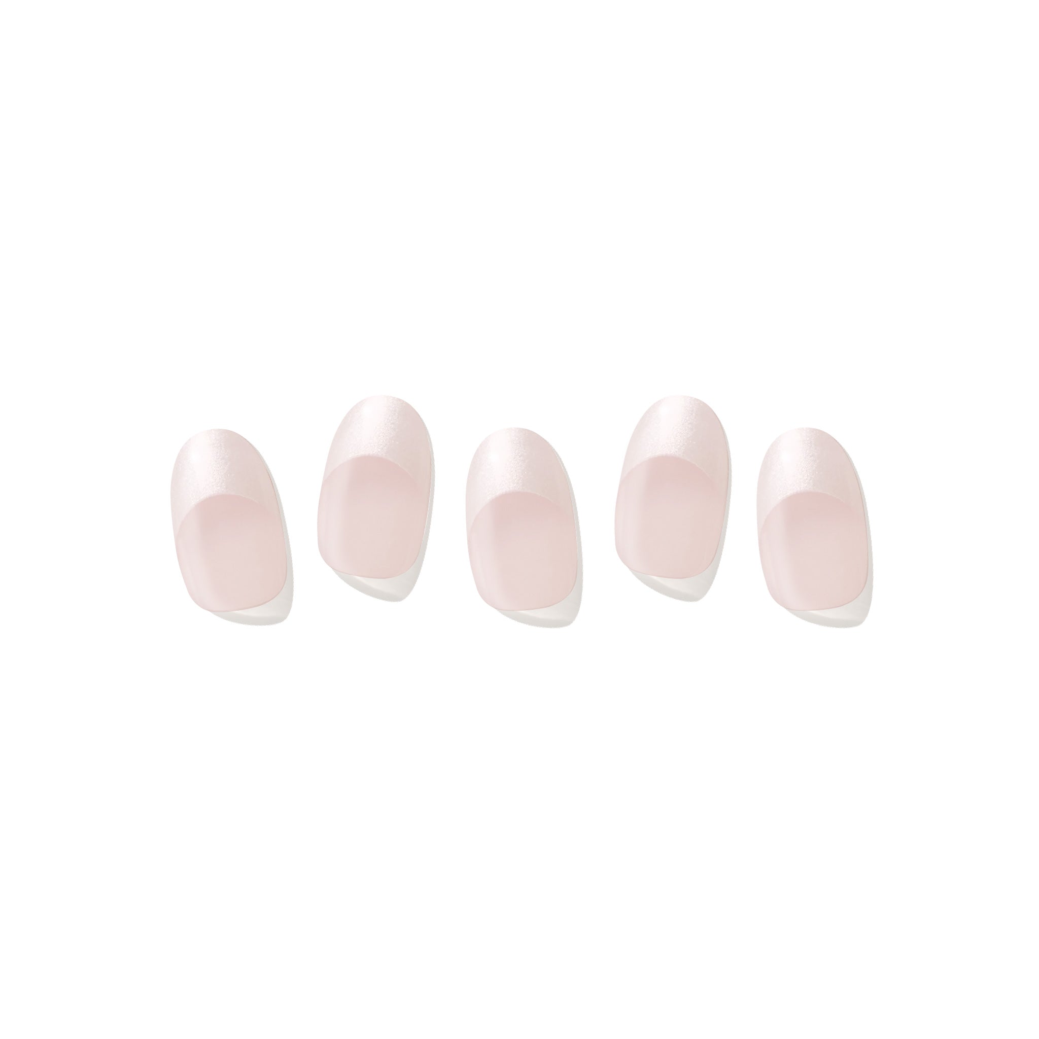 Five semi-cured gel nail strips displayed on a white background, featuring a soft blush base with sparkly silver French tips. 