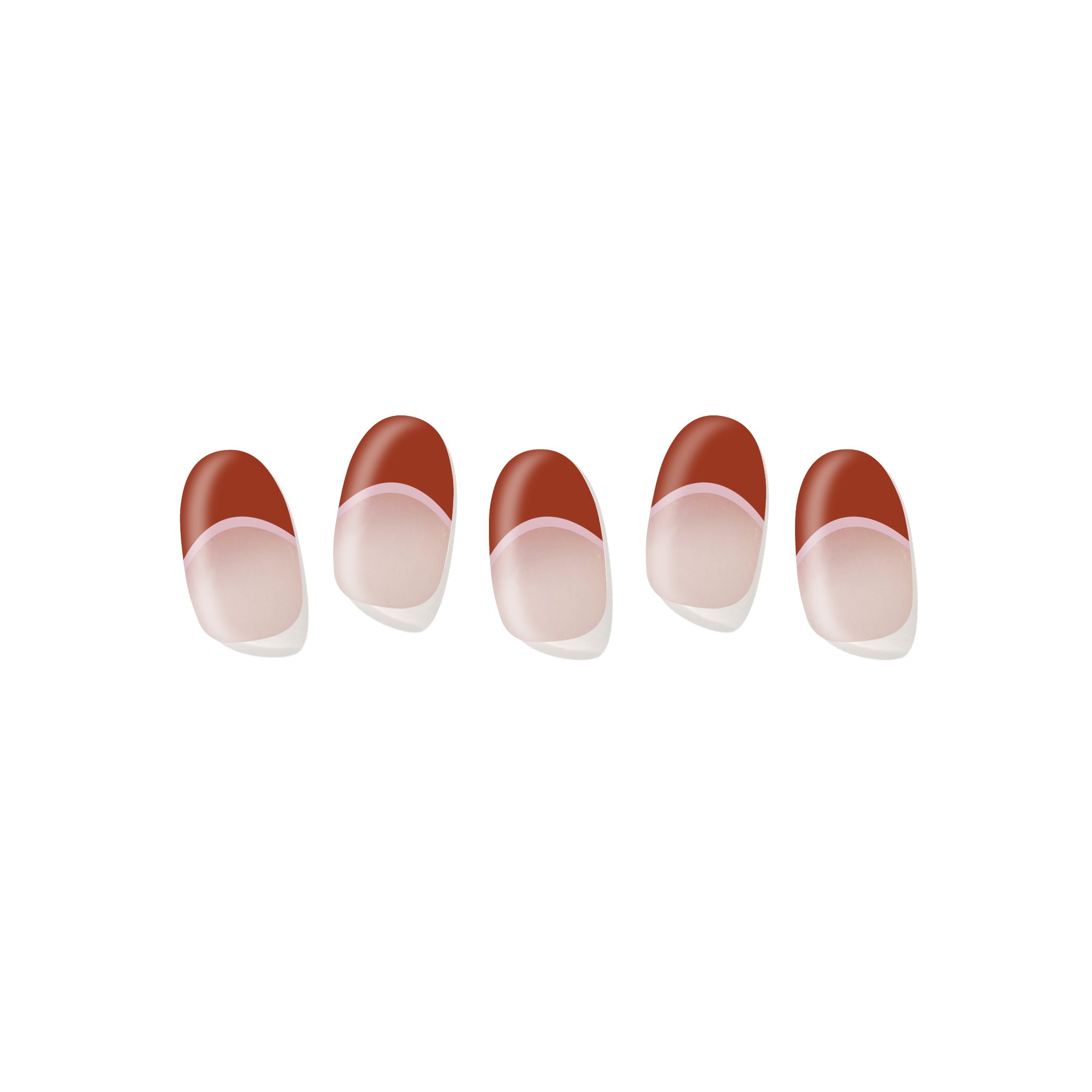 Five semi-cured gel nail strips displayed on a white background, featuring brown French tips with a thin pink accent line.